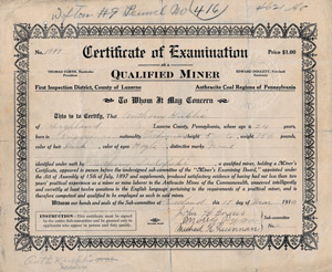 1910 Miner's Certificate