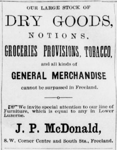 J. P McDonald general store, 1890 ad