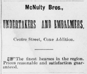 McNulty undertaker, 1890 ad