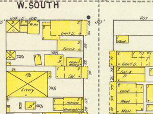 O'Donnell original livery building, 1895 Sanborn map detail