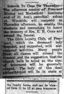 Students to attend Sophia Coxe wake, 1926