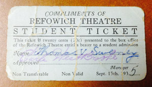 Refowich Theatre student ticket, 1935