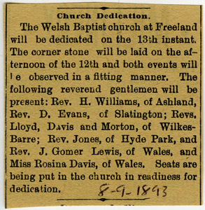 Welsh Baptist dedication and cornerstone, 1893