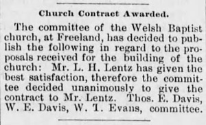 Lewis Lentz to build Zion Welsh Baptist Church, 1892