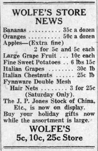 Wolfe Store ad, 1922