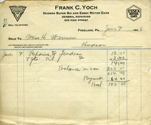 Yoch Hudson Essex Repairs, 1926 bill