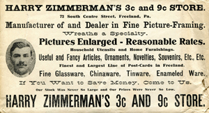 Harry Zimmerman's 3 and 9 Cent Store, ad card