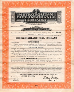 Insurance policy for Jeddo-Highland Coal Co. underground miners, 1926