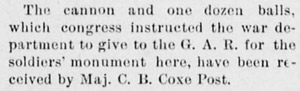 Cannon and cannonballs received, 1895