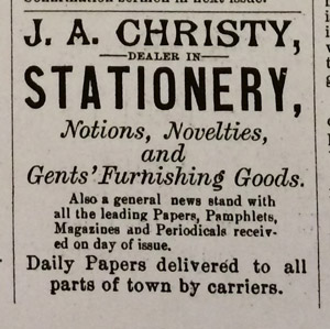 J. A. Christy, Stationery, 1894 ad