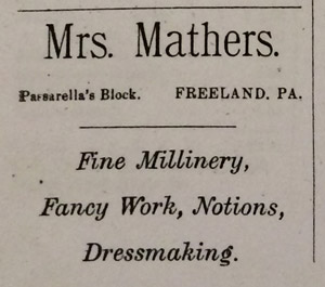 Mrs. Helen Mathers, milliner, Passarella building, 1894 ad