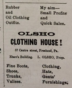 Olsho Clothing House ad, 1894