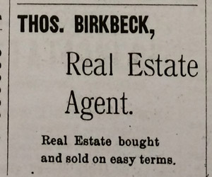 Thomas Birkbeck, real estate agent, 1894 ad