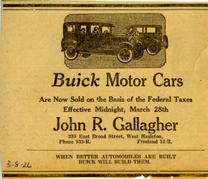 John Gallagher Buick ad, 1926