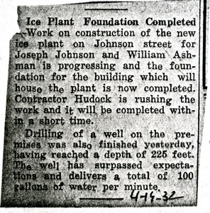 New Johnson and Ashman ice plant, 1932