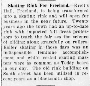 Roller rink at Krell's Hall, 1907
