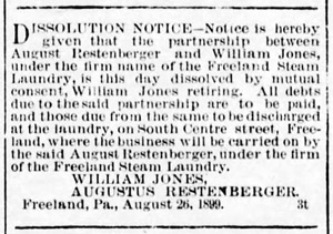 Freeland Steam Laundry, 1899 legal notice