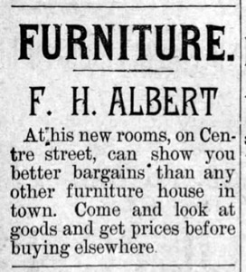 F. H. Albert furniture store, Passarella building, 1888 ad
