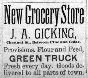 J. A. Gicking green truck and groceries, 1888