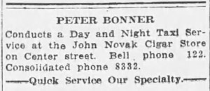 Peter Bonner taxi service, 1919 ad