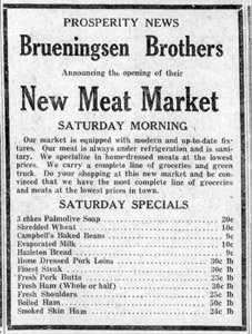 Brueninsen Brothers, new meat market, 1922 ad