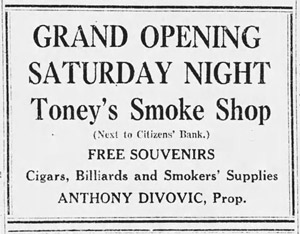 Toney Dinovic Smoke Shop ad, 1927