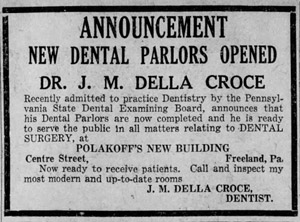 Dr. J. M. Della Croce, new Freeland dentist, 1925 ad
