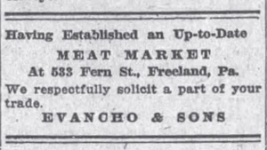Evancho & Sons Meat Market ad, 1919