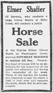 Horse sale at Charles Fisher Livery Stable, 1919 ad