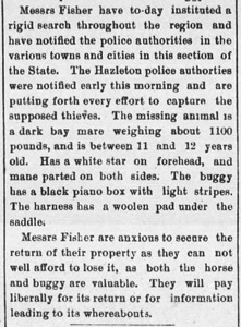 Horse and buggy stolen from Fisher Brothers Livery, 1887