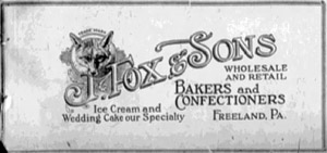 J. Fox & Sons, Bakers and Confectioners, 1923 ad