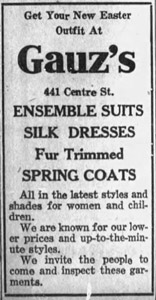 Gauz Clothing Store ad, 1925