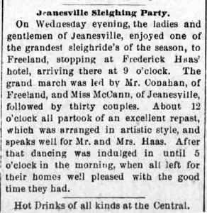 Jeansville sleigh party comes to Cottage Hotel, 1888