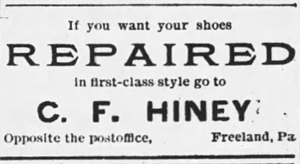 C. F. Hiney, shoe repair, 1894 ad