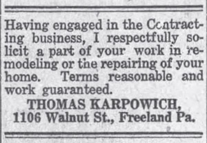 Karpowich contracting ad, 1919