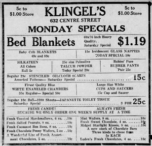 Klingel Variety Store ad, 1925