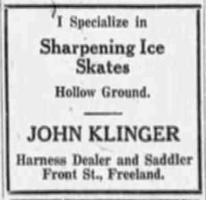 Ad for ice skate sharpening by John Klinger, 1924