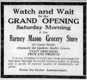 Mason Grocery grand opening ad, 1922