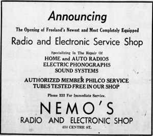 Nemo's Radio and Television Shop, 1947 ad