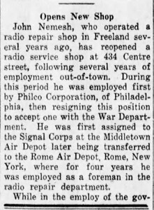John Nemish opens new shop, 1947