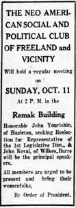 Political club meeting announcement, 1936