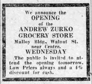 Andrew Zurko Grocery Store ad, 1923