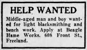 Beagle Hame Works help wanted ad, 1945