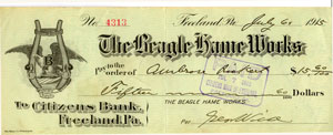 Beagle Hame Works check, 1915