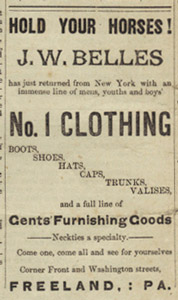 J. W. Belles clothing store ad, 1882