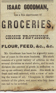 Isaac Goodman grocery store ad, 1882