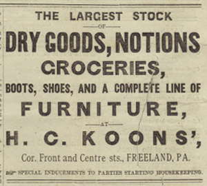 Koons Dry Goods Store ad, 1882