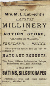 Lubrecht milliner, notions, dressmaking ad, 1882