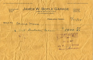 Studebaker invoice, James W. Boyle Garage, 1928