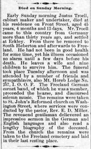 Justus Troell obituary, 1889